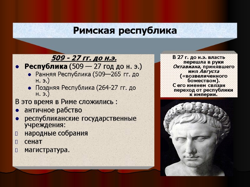 Римская республика 509 - 27 гг. до н.э.  Республика (509 — 27 год